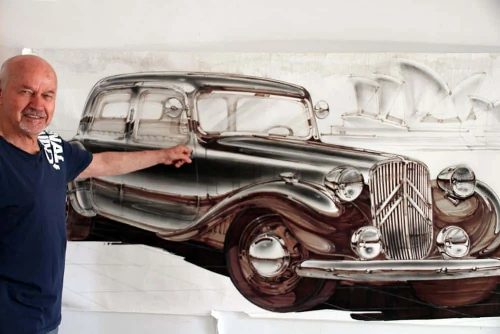 Bryon Fitzpatrick with a full-size rendering of his first car, a Citroen Light 15