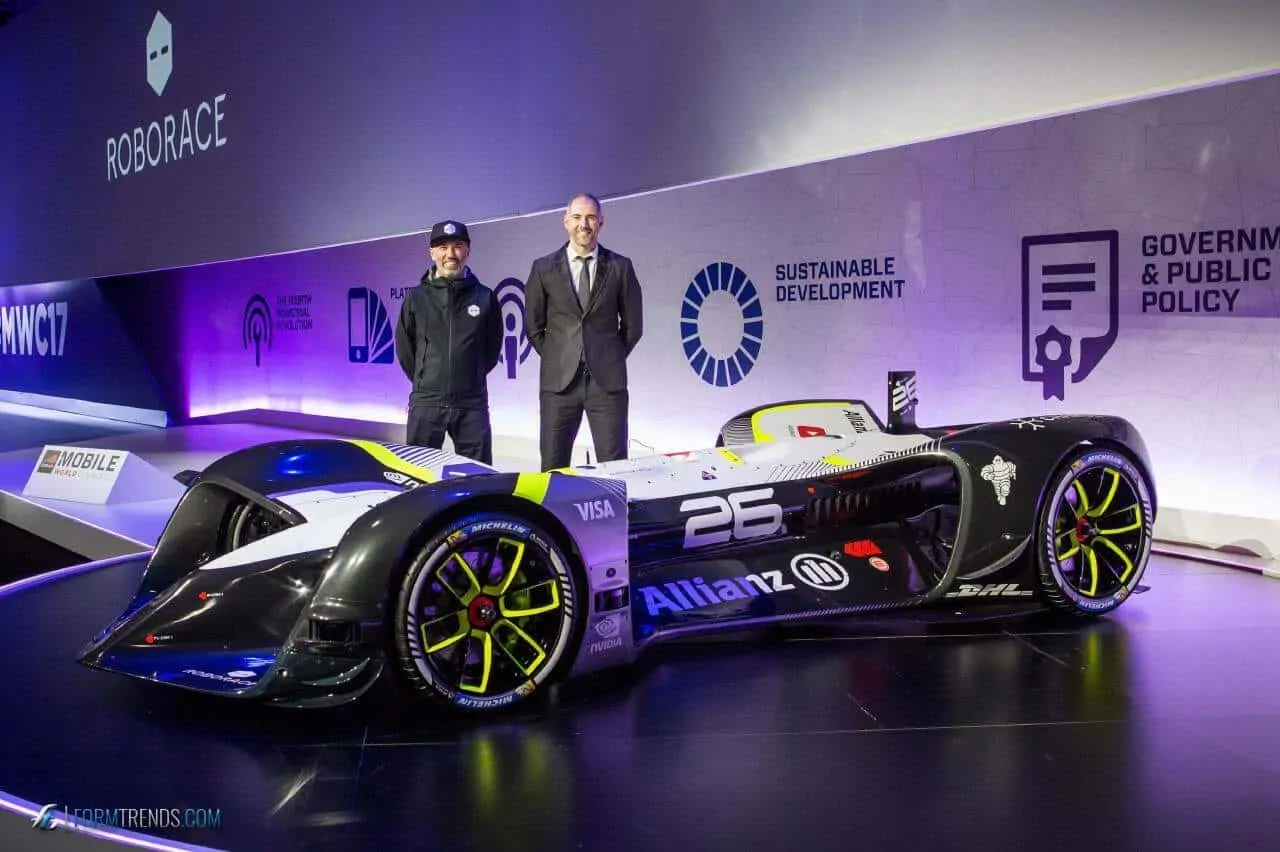 Roborace CEO Denis Sverdlov and Chief Design Officer Daniel Simon with Robocar